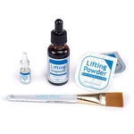 Picture of the lifting liquid, lifting ampoule, lifting powder, and a brush to mix and spread on your face